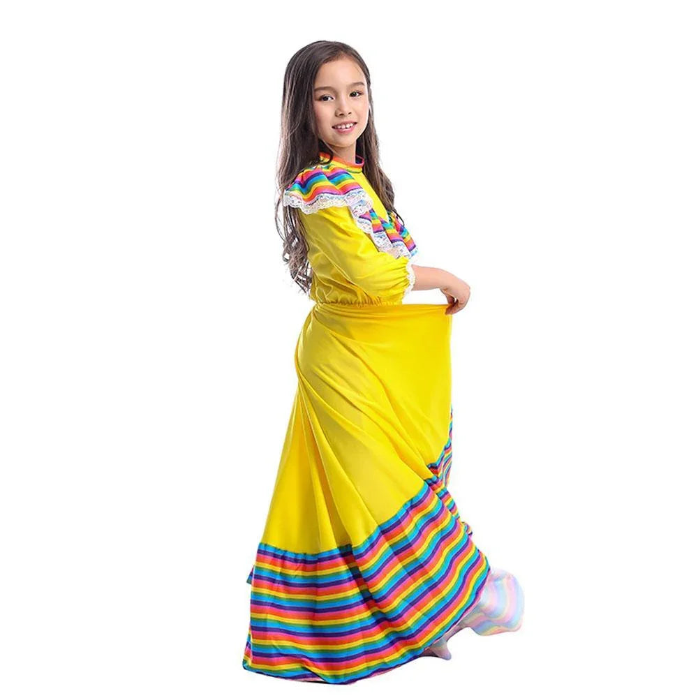 Traditional Mexican Costume Yellow Long Gypsy Dress Flamenco Dance Skirt Halloween Party for Girls