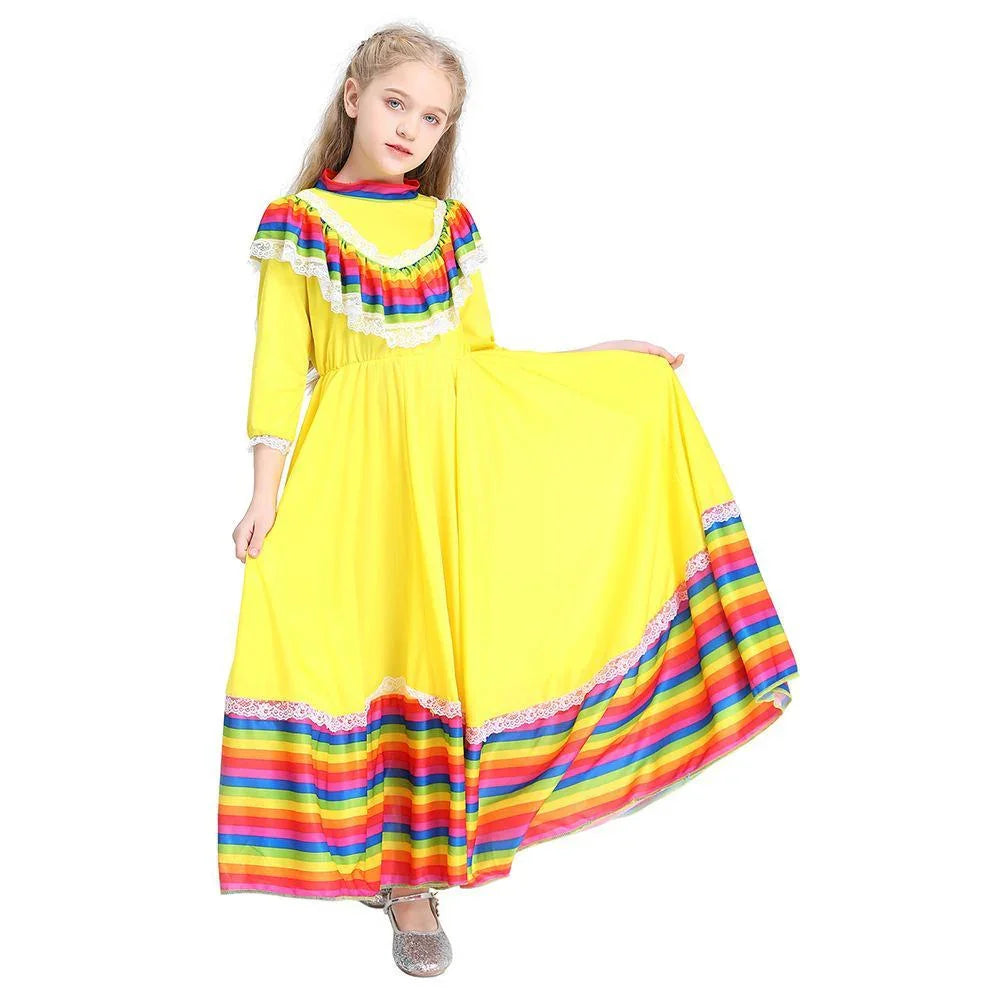 Traditional Mexican Costume Yellow Long Gypsy Dress Flamenco Dance Skirt Halloween Party for Girls