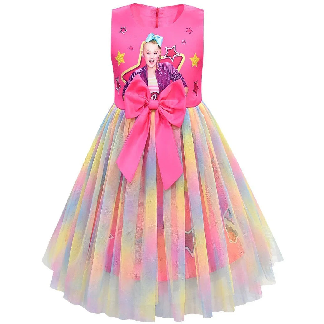 Girls Jojo Siwa Bow Dress Kids Party Birthday Mesh Princess Dress - Azufun