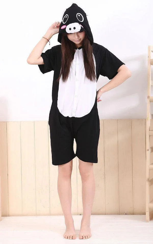 Black Pig Pajamas Animal Onesie Hoodie Kigurumi Short Sleeve - Azufun