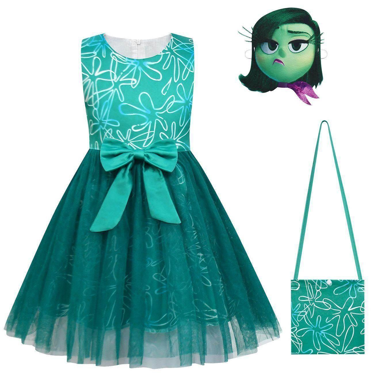 Kids' Inside Out Disgust Tutu Dress Cosplay Princess Gown with Bag and Mask - Azufun