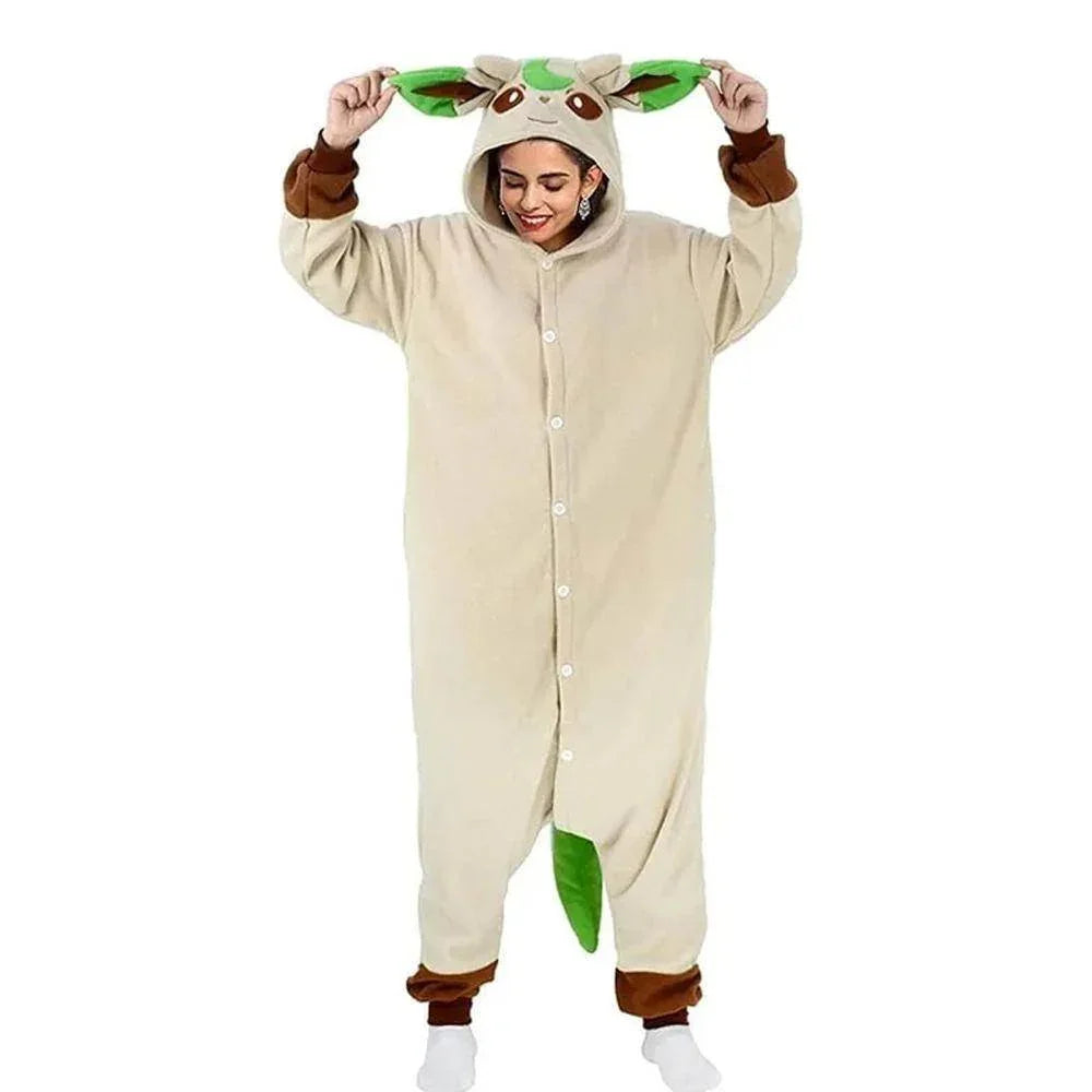 Pokemon Leafeon Kigurumi Onesies Costume Cozy Cartoon Fleece Pajamas - Azufun