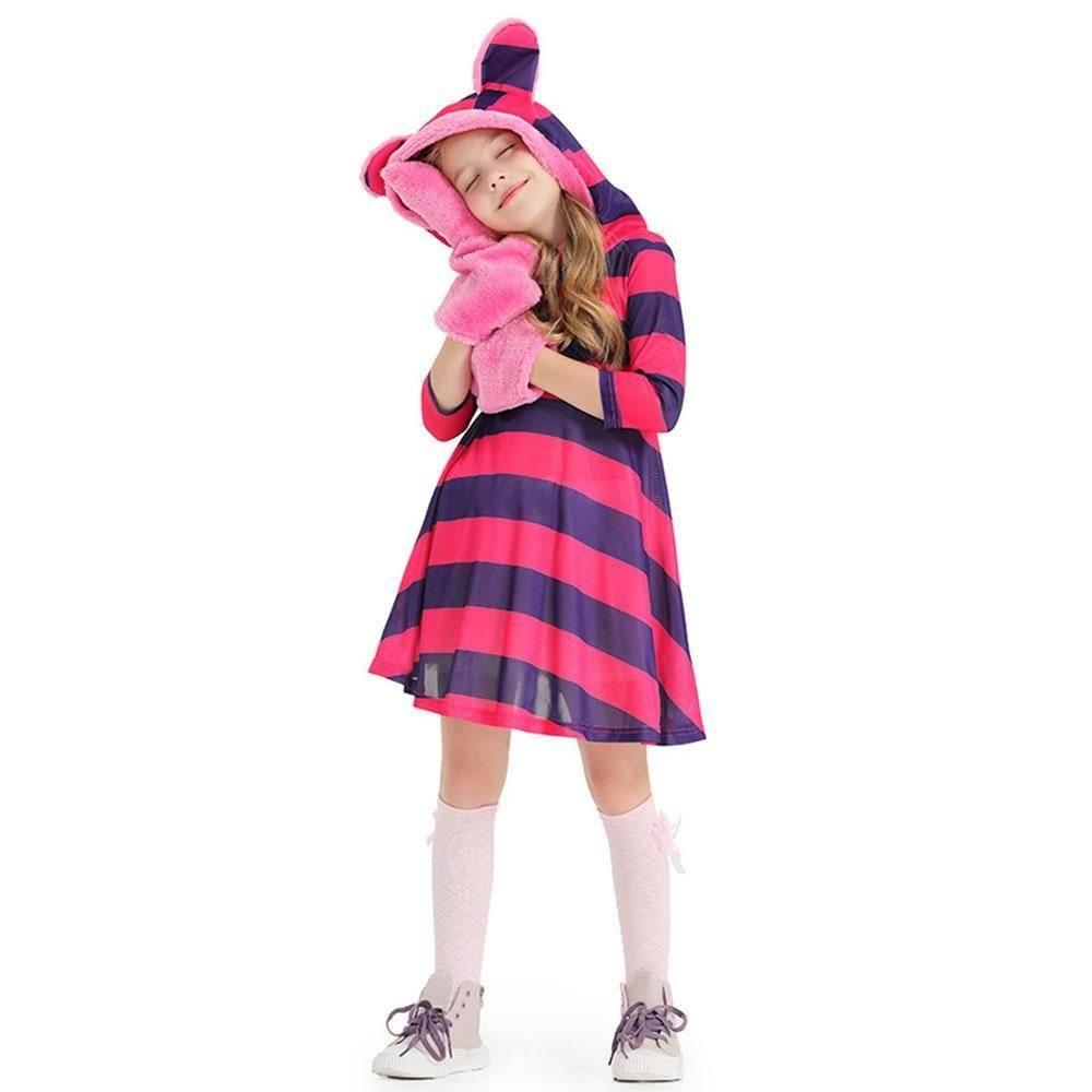 Purple Striped The Cheshire Cat Dress Halloween Outfits Carnival Cosplay Costume For Kids - Azufun